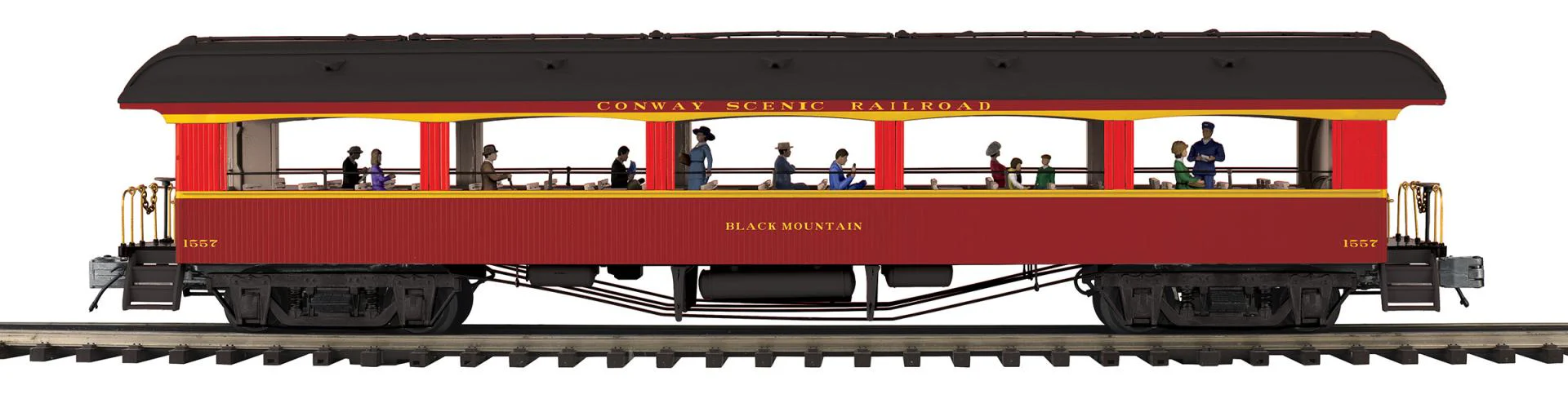 MTH 20-62192 - Premier - 64’ Open Air Woodsided Coach Car "Conway Scenic Railroad" #1557 Black Mountain