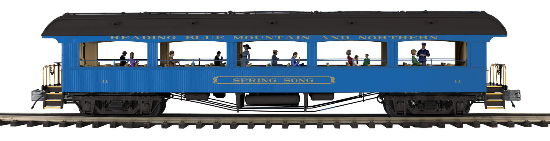 MTH 20-62195 - Premier - 64’ Open Air Woodsided Coach Car "Reading Blue Mountain & Northern" #11 Spring Song