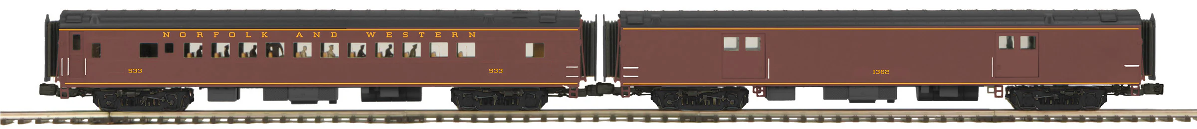 MTH 20-64266 - 70’ Streamlined Passenger Baggage/Coach Set "Norfolk & Western" (2-Car) Smooth Sided - Image 3