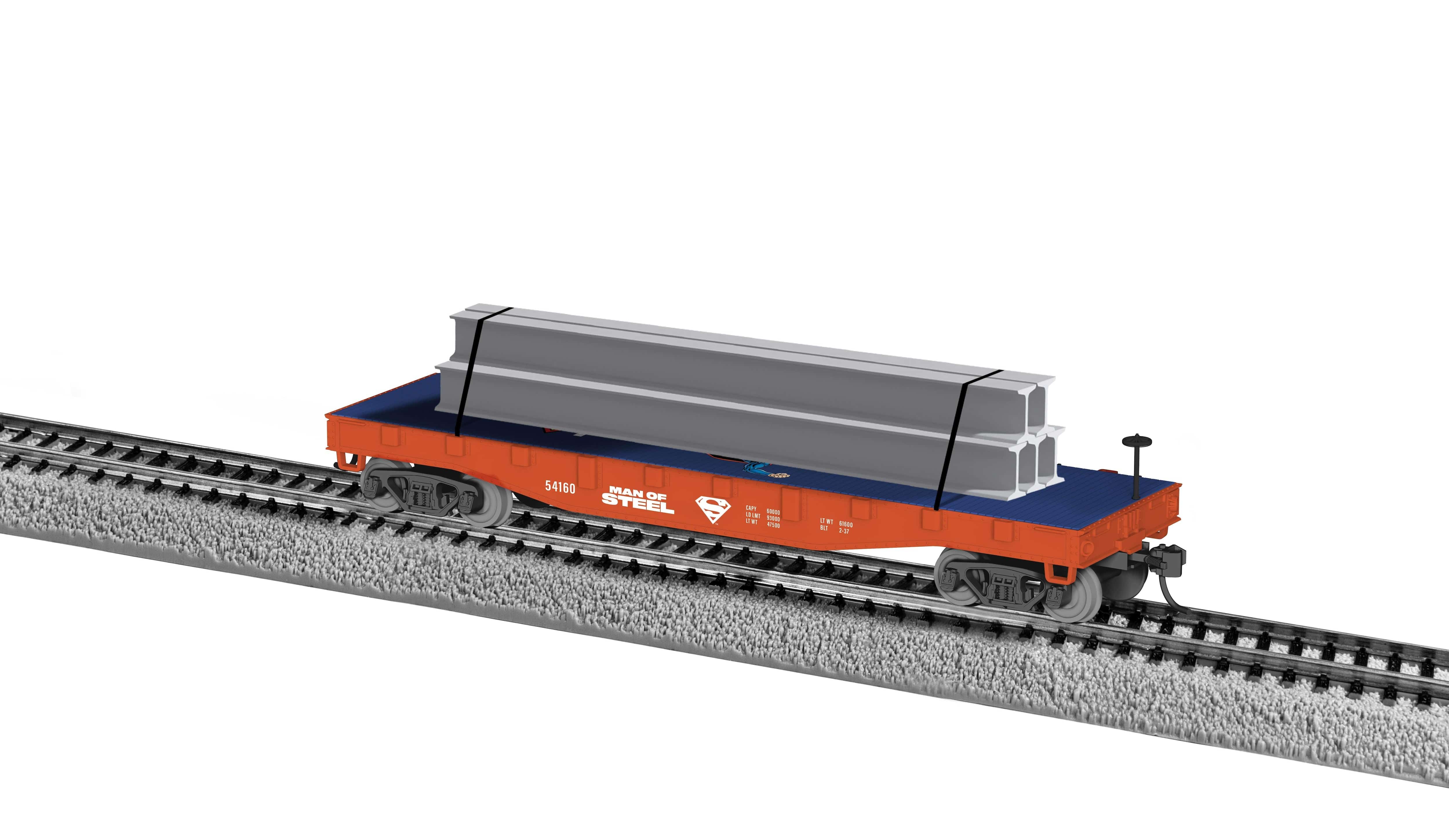 Lionel HO 2554160 - Justice League - Superman Flat Car w/ I-Beam Load "Man of Steel" #54160 - Image 4