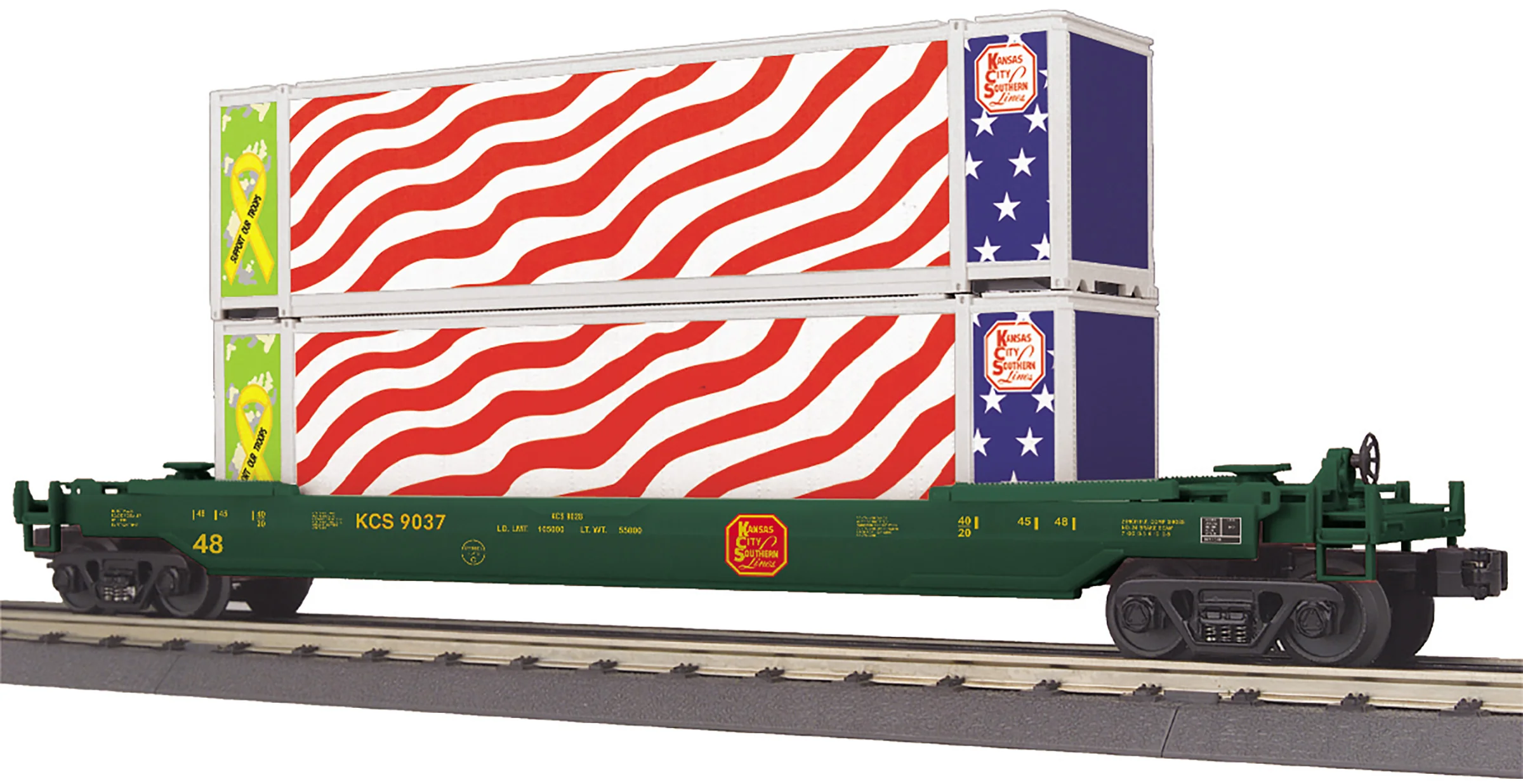 MTH 30-70128 - Husky Stack Car "Kansas City Southern" (3-Car) - Image 4