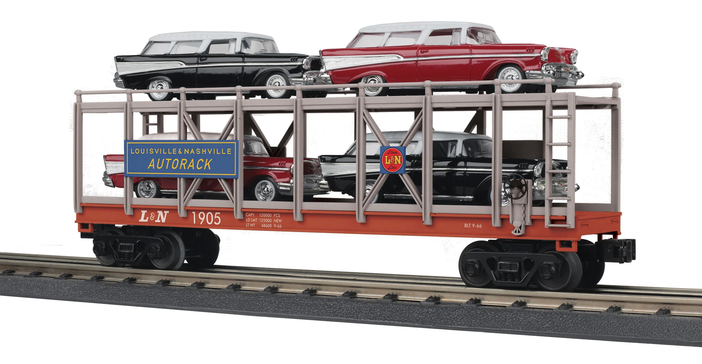 MTH 30-76882 - Auto Carrier Flat Car "Louisville & Nashville" #1905 w/ (4) ‘57 Chevy Nomads - Custom Run for MrMuffin'sTrains - Image 4