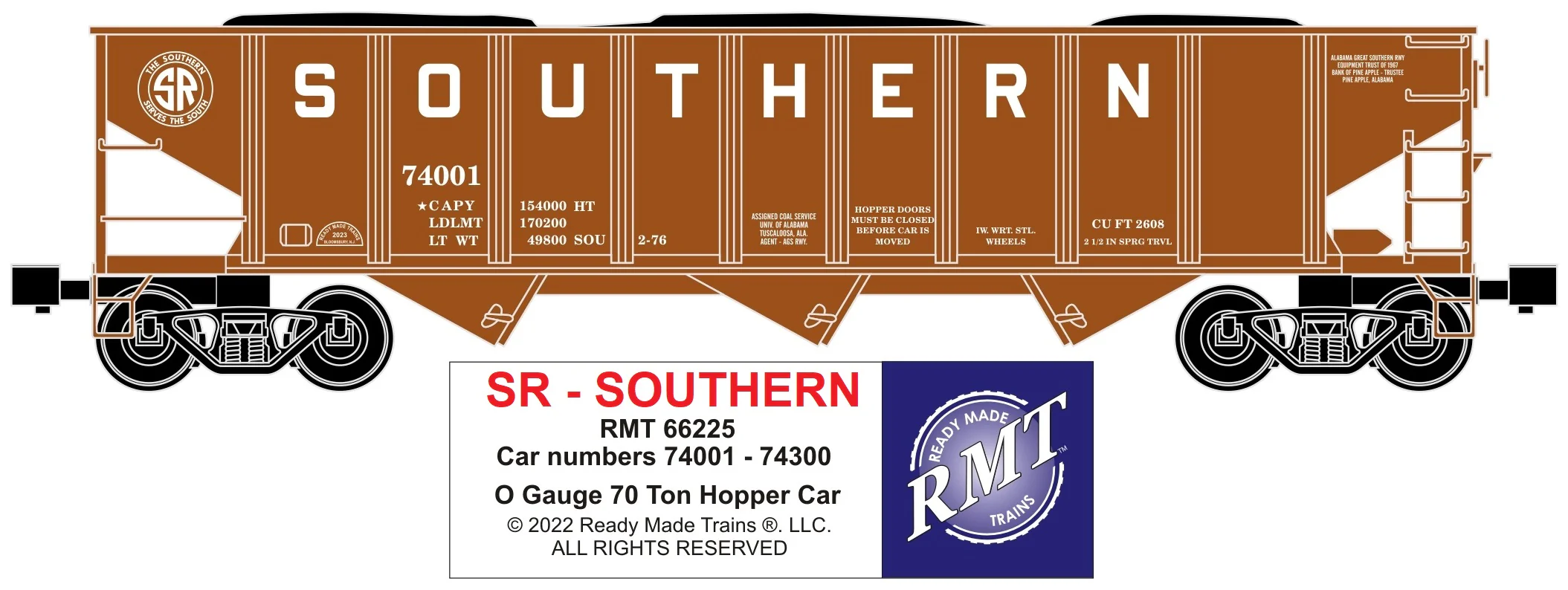 Ready Made Trains RMT-66225 - 70 Ton 3-Bay Coal Hopper Car "Southern" w/ Load